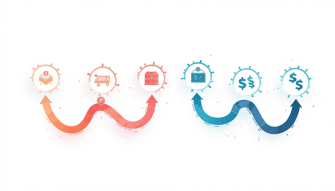 Bold infographic showing cash flow cycle with arrows and dollar signs, red and blue colors, corporate financial visualization, strong graphic design