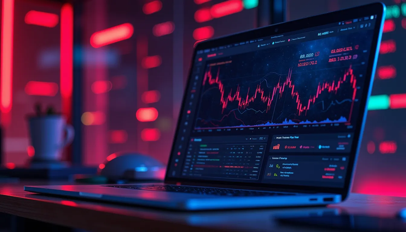 Futuristic AI-powered business finance dashboard with automated invoice management, machine learning predictions, red and blue interface